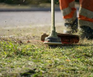 Close-up of a person trimming grass with a power tool outdoors.
